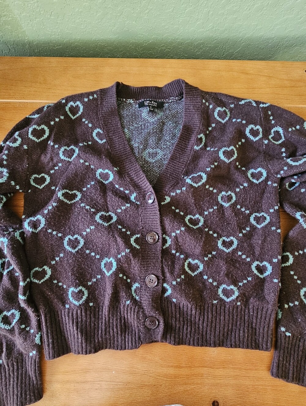 Witty Fox Brown Knit Cardigan Blue Heart Pattern Sweater Button Front Medium